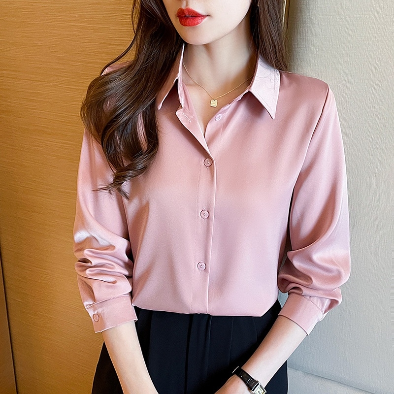Women Satin Polo Neck Office Blouse long Sleeve Loose Retro Shirt