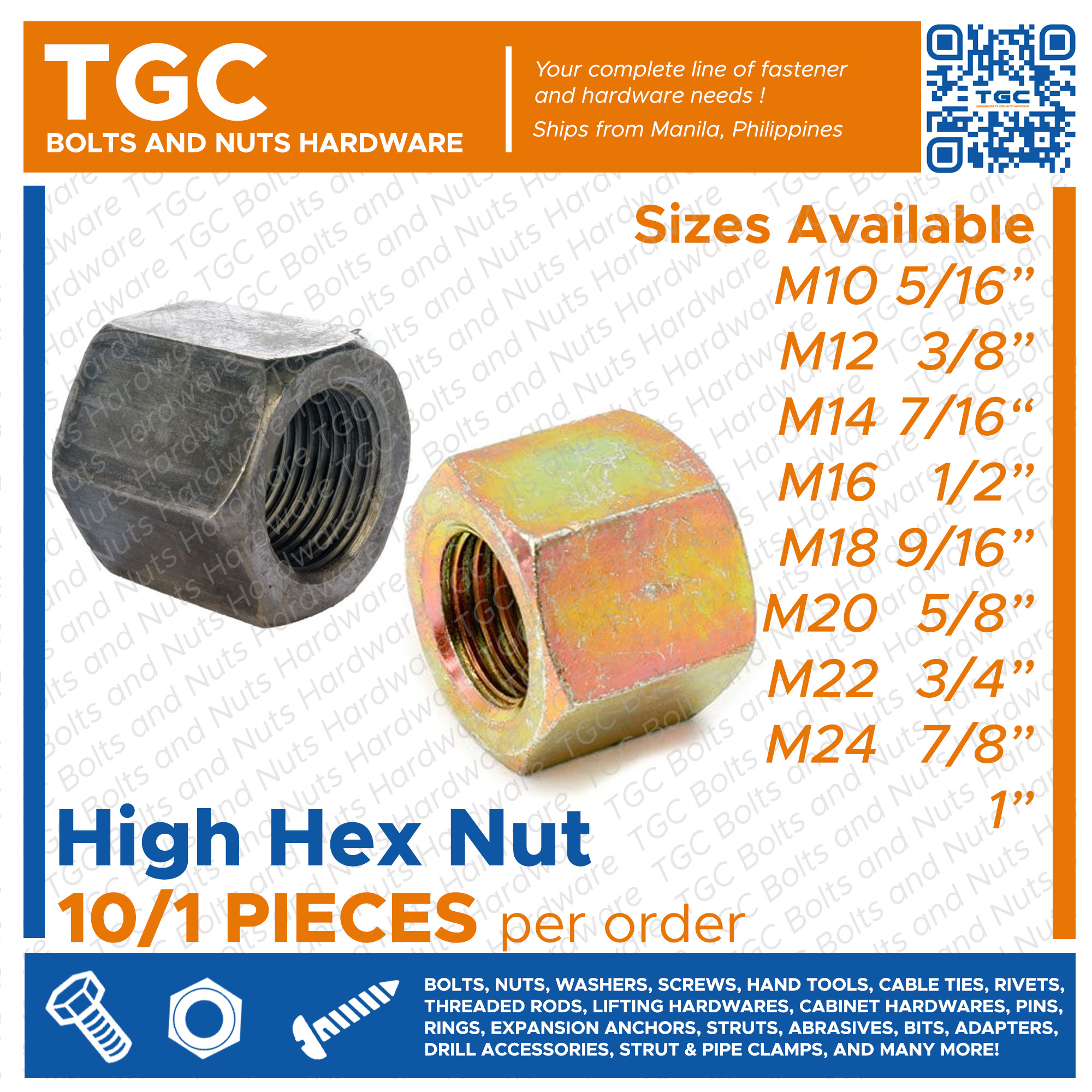 TGC 10/1PC 5/16 up to 1 inch or M12 up to M22 High Nut / Long Nut / Ord