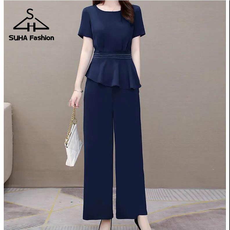 loose coordinates women Ladies suit SUHA Summer Casual Business Attire  Korean Office Outfit Jogger Square Pants Terno Formal Women Plus Size  Blouse Assorted Womens And Top Blue Black Draw Back Ruffle Temperament