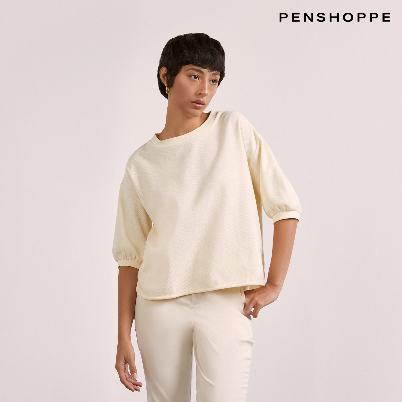 Penshoppe Dress Code Puff Sleeve Top For Women (Light Gray/Off White ...