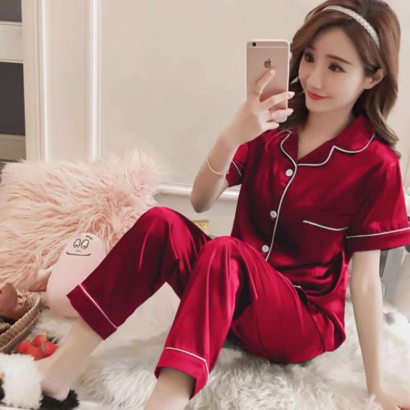 CAYO Korean Silk Short Sleeve Plain Comfortable Pajamas/Nightwear ...