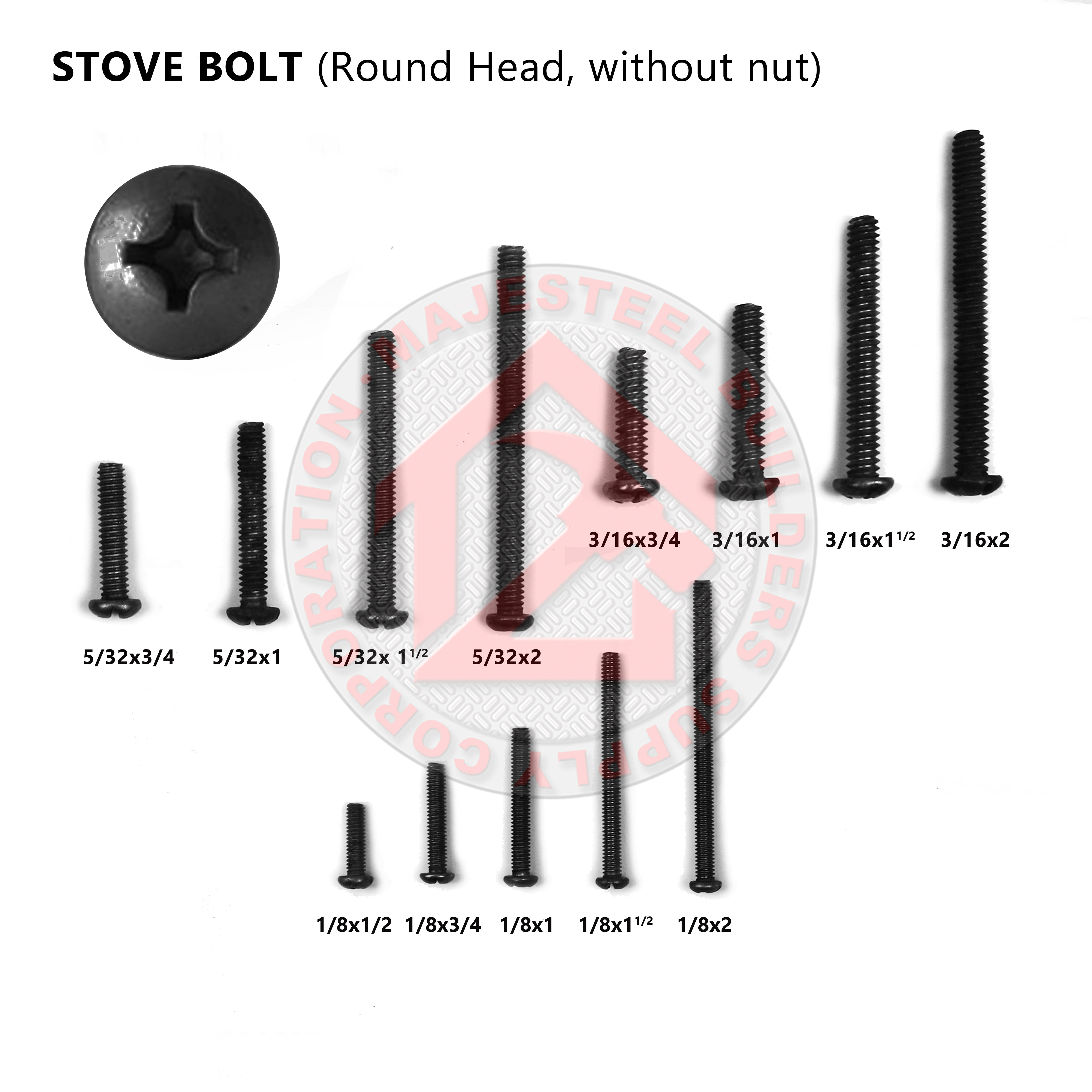 50PCS Stove Bolt B.I Round Head 1/8'' , 5/32'', 3/16'' (Majesteel