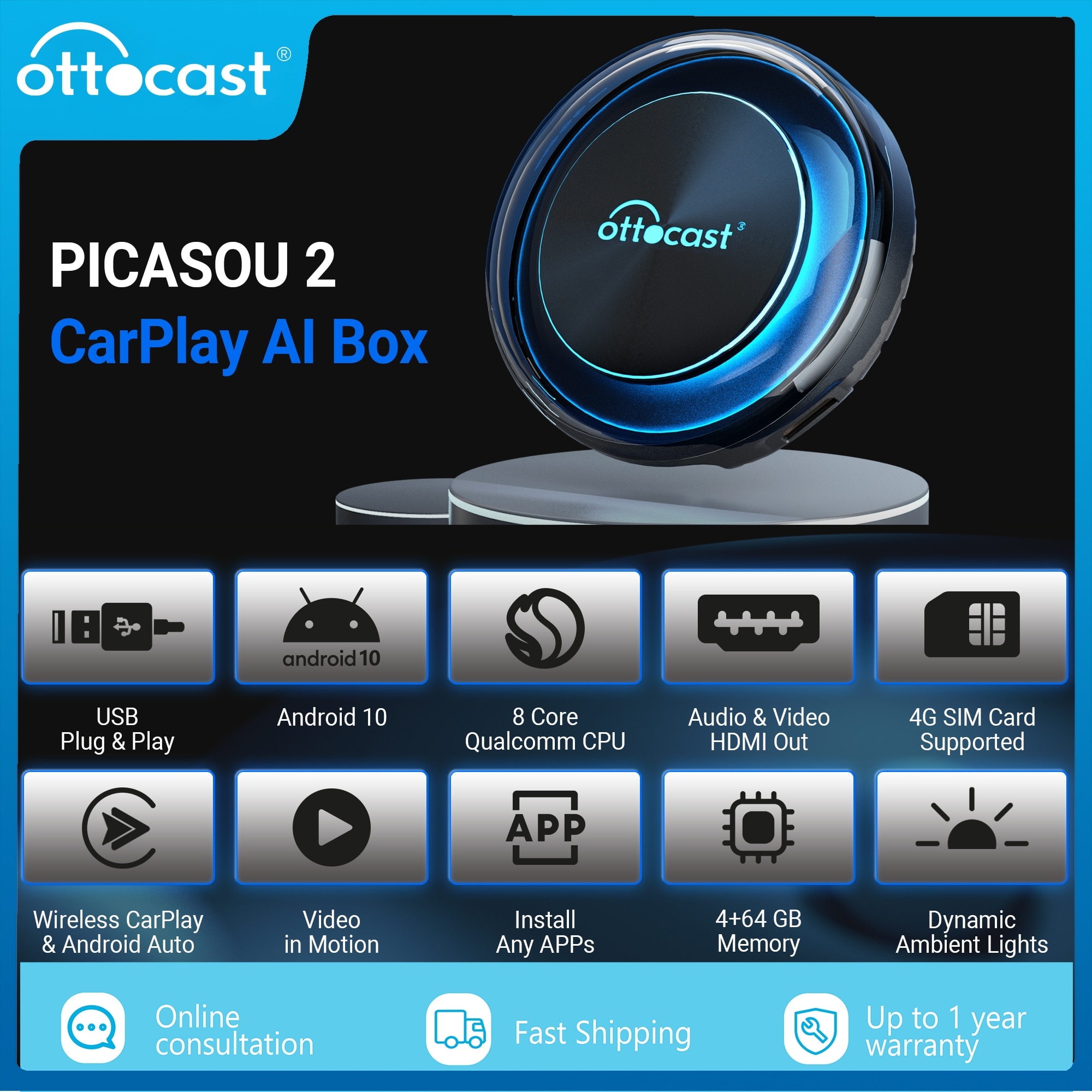 OTTOCAST PICASOU 2 Carplay AI Box Wireless Carplay Android Auto