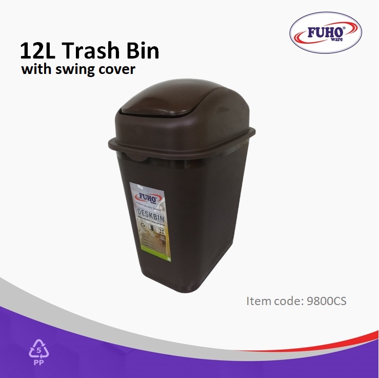 FUHO 12L Trash Bin with Swing Cover Can Garbage Waste Basket / Dust Bin