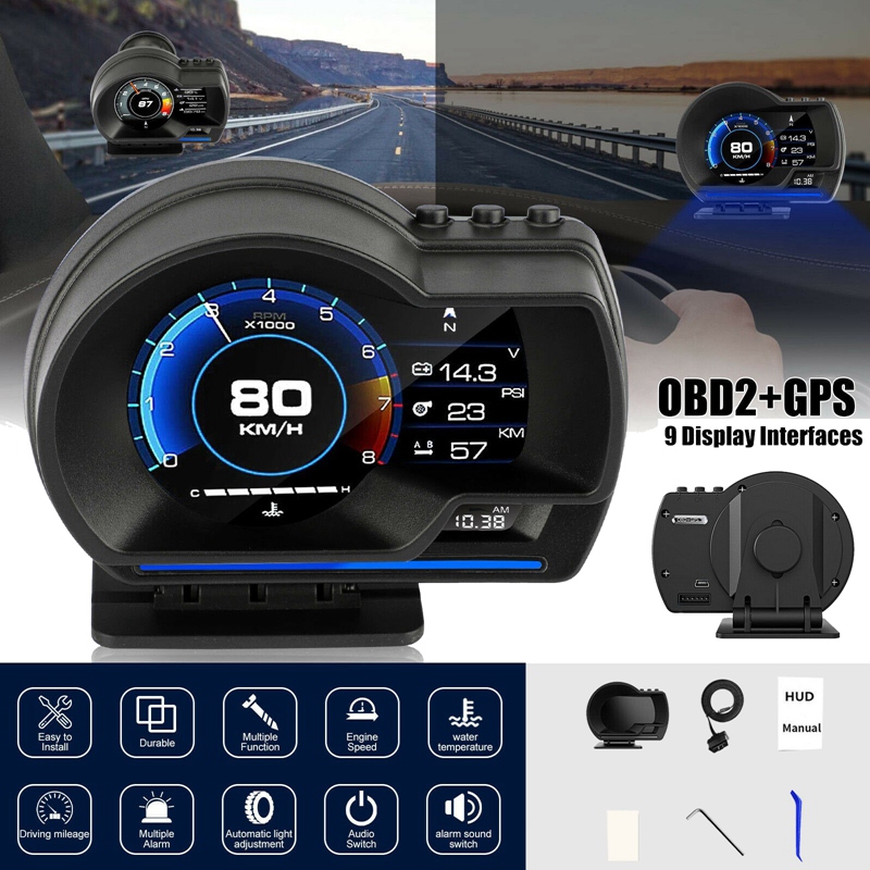 HUD OBD2+GPS Gauge Head Up Car Digital Display Speedometer RPM Alarm Water&Oil Temp Monitor Fault Code Elimination