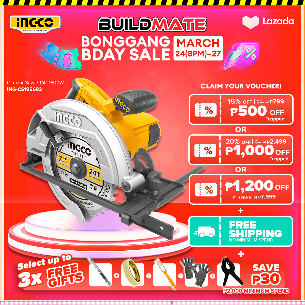 BUILDMATE Ingco Circular Saw 71/4" 1400W / 1600W Wood Cutting Power