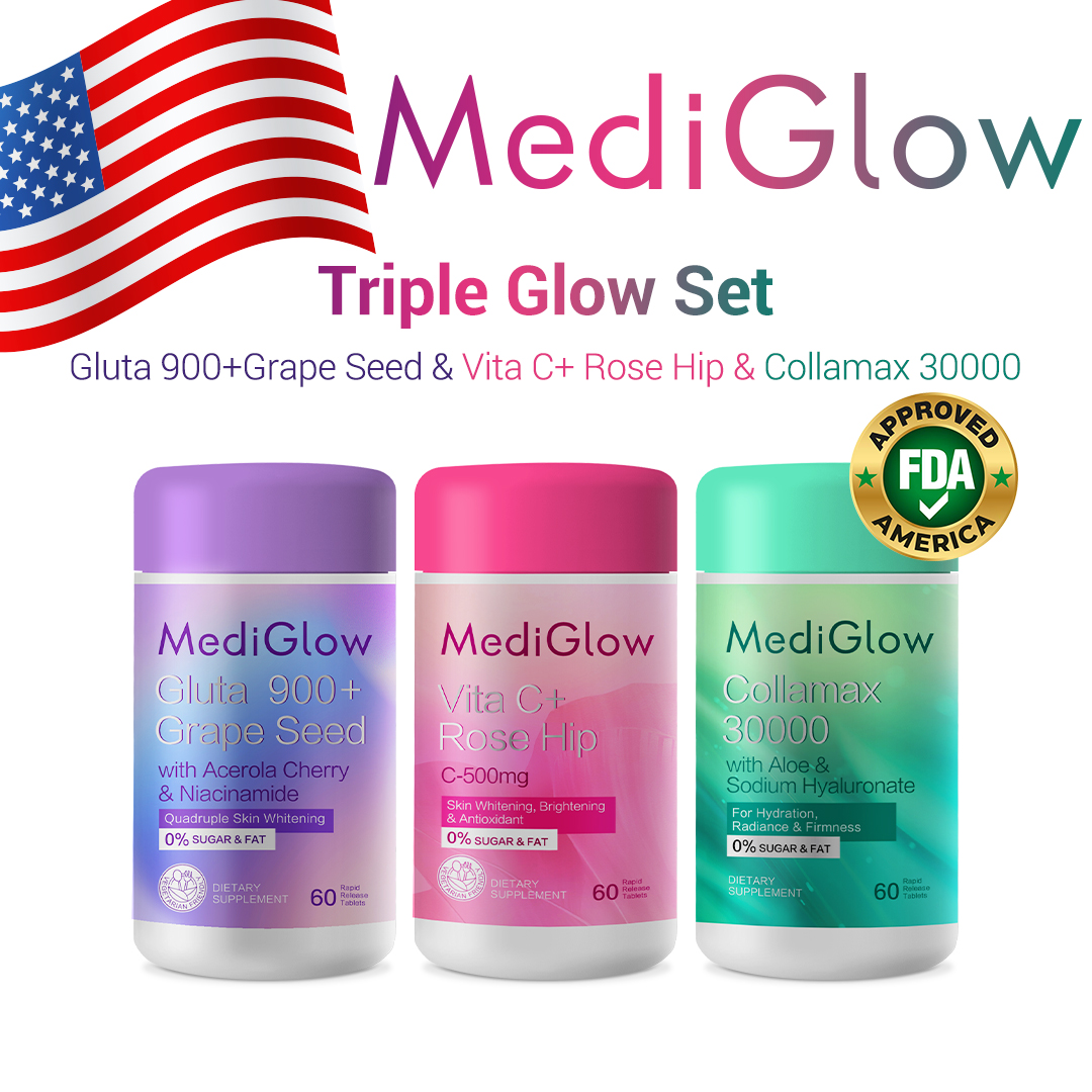 mediglow glutathione review USA】[Triple Glow Set] MediGlow Gluta 900 + Grape Seed *1 bottle Collamax  30000 *1 bottle Vita C + Rose Hip *1 bottle 1+1+1>3 to brighten skin  anti-aging and maintain skins moisture and