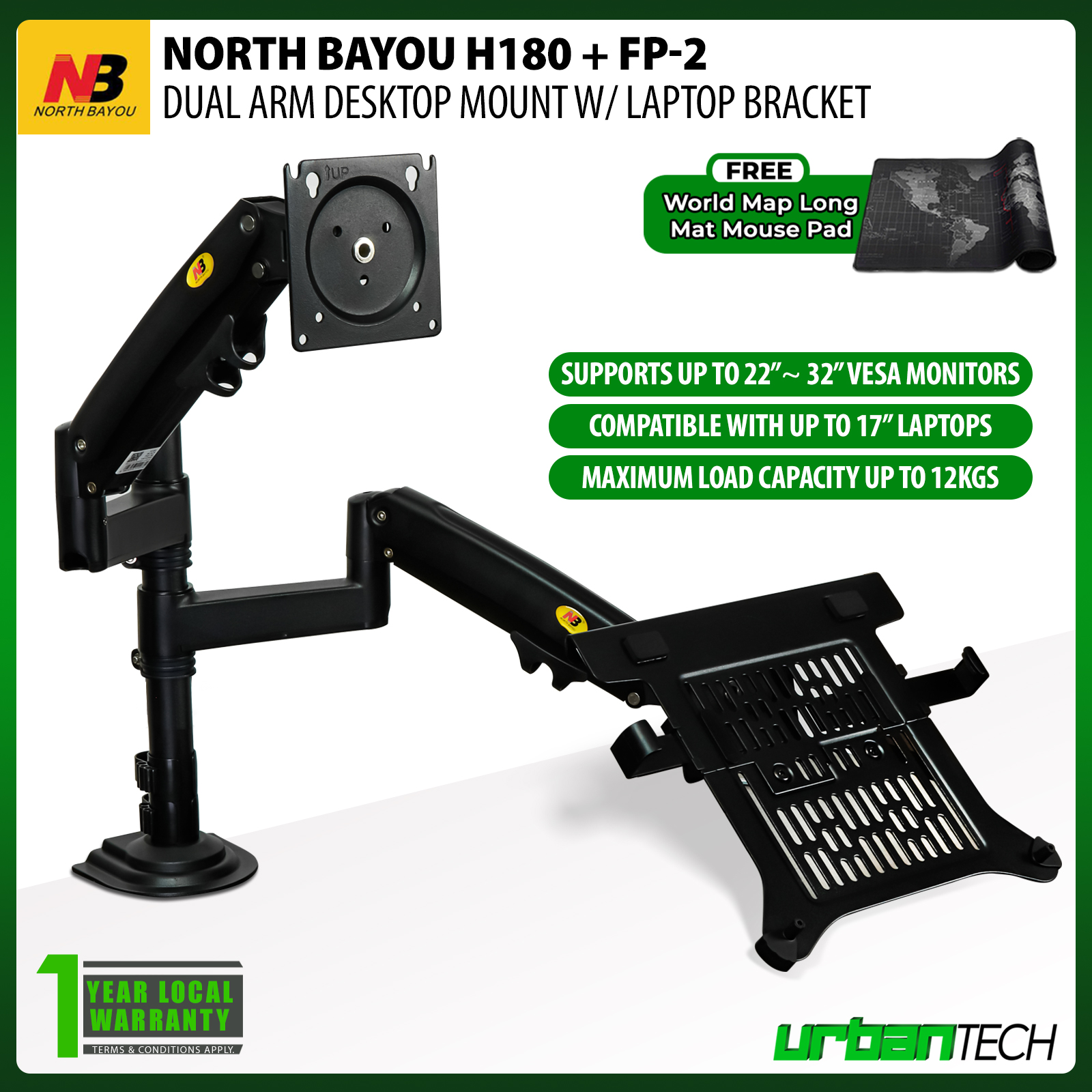 North Bayou H180 + FP2 Dual Arm Double Monitor Holder Desktop Mount for