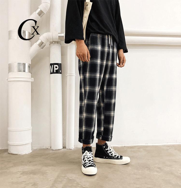 men's casual street plaid cropped pants