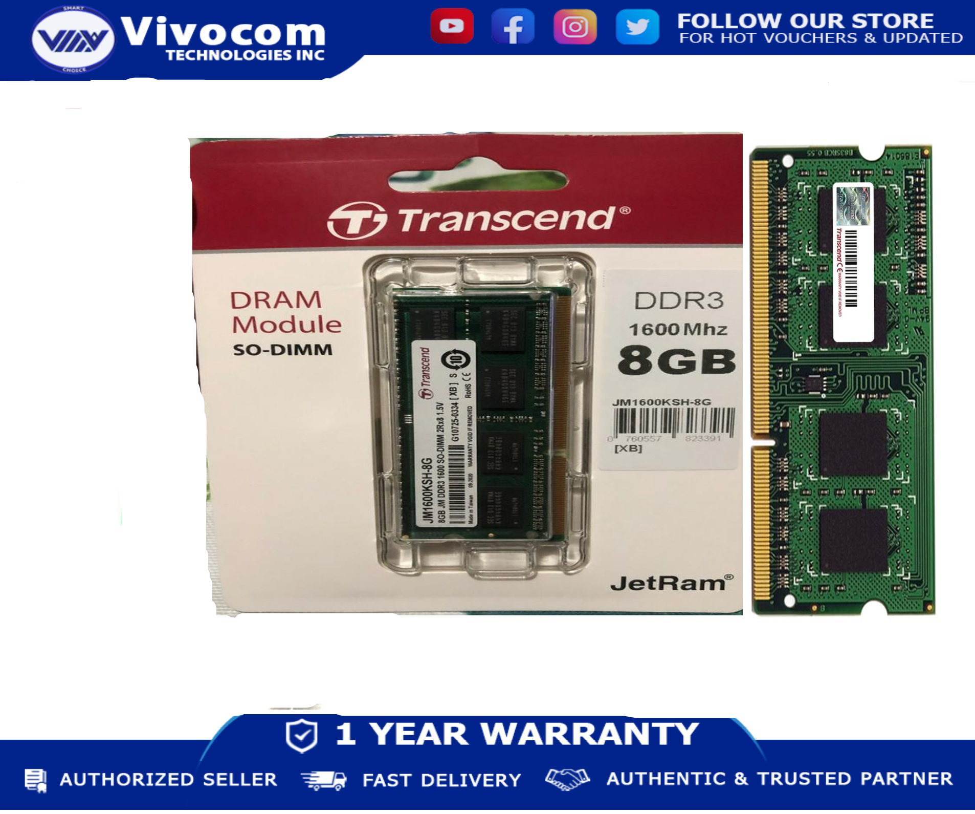 TRANSCEND 8GB DDR3 1600Mhz (JM1600KSH-8G) Memory Sodimm