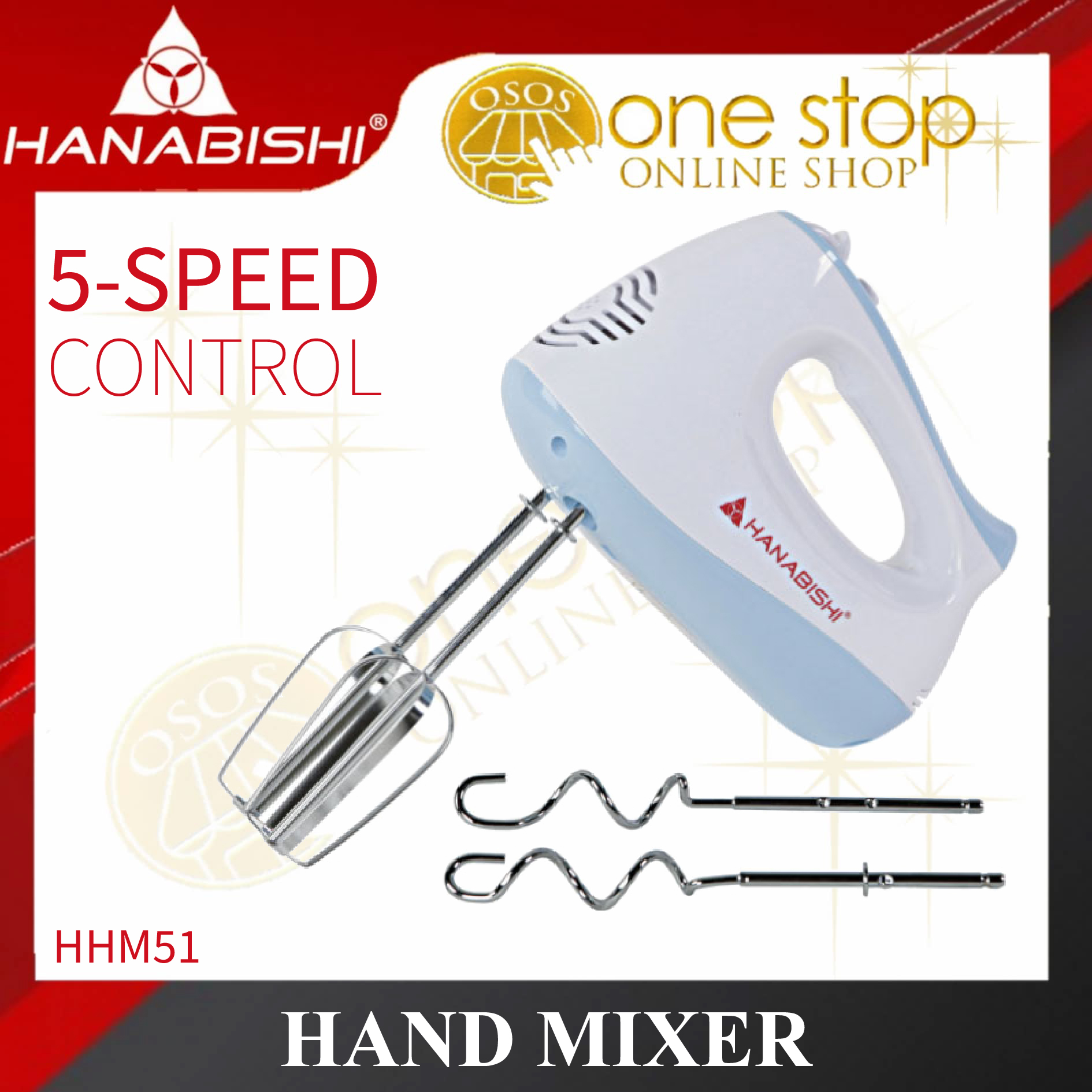 Hanabishi Original 5 Speed Hand Mixer with Dual Attachments HHM51
