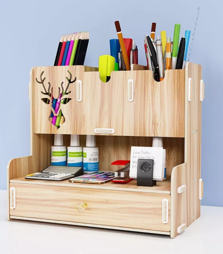 Multifunction Wooden Desktop Pen Holder Office School Storage Case