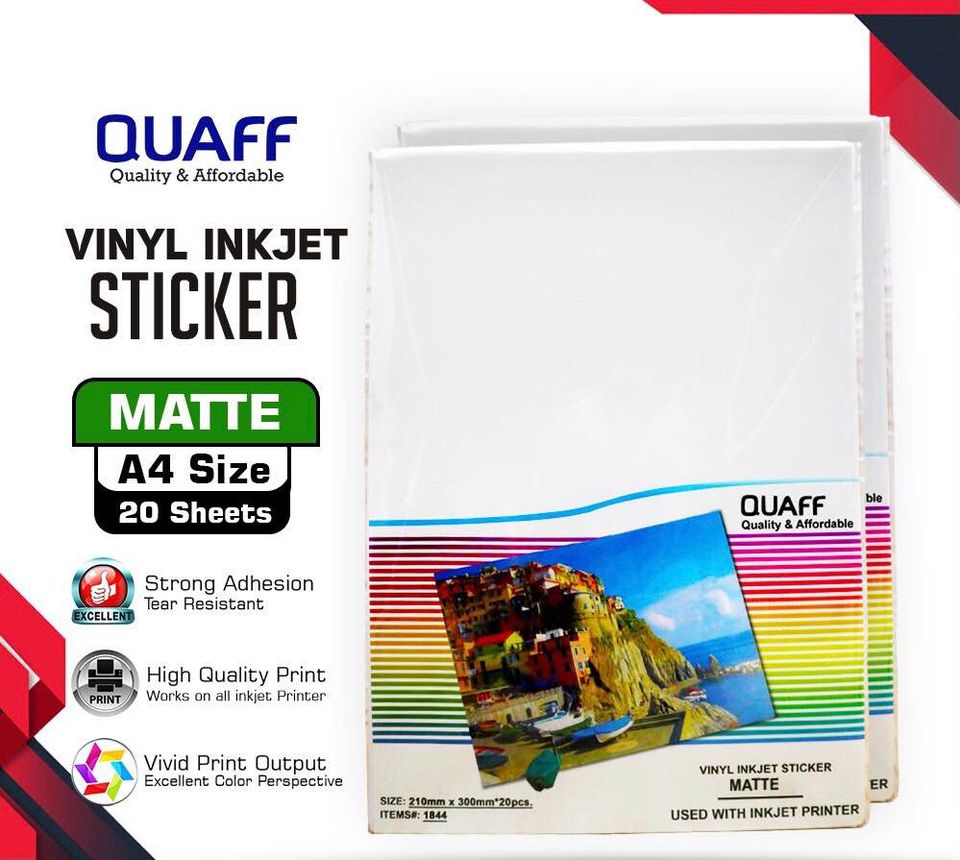 QUAFF Vinyl Inkjet Sticker A4 Size ( Glossy / Matte / Transparent ) 20 ...