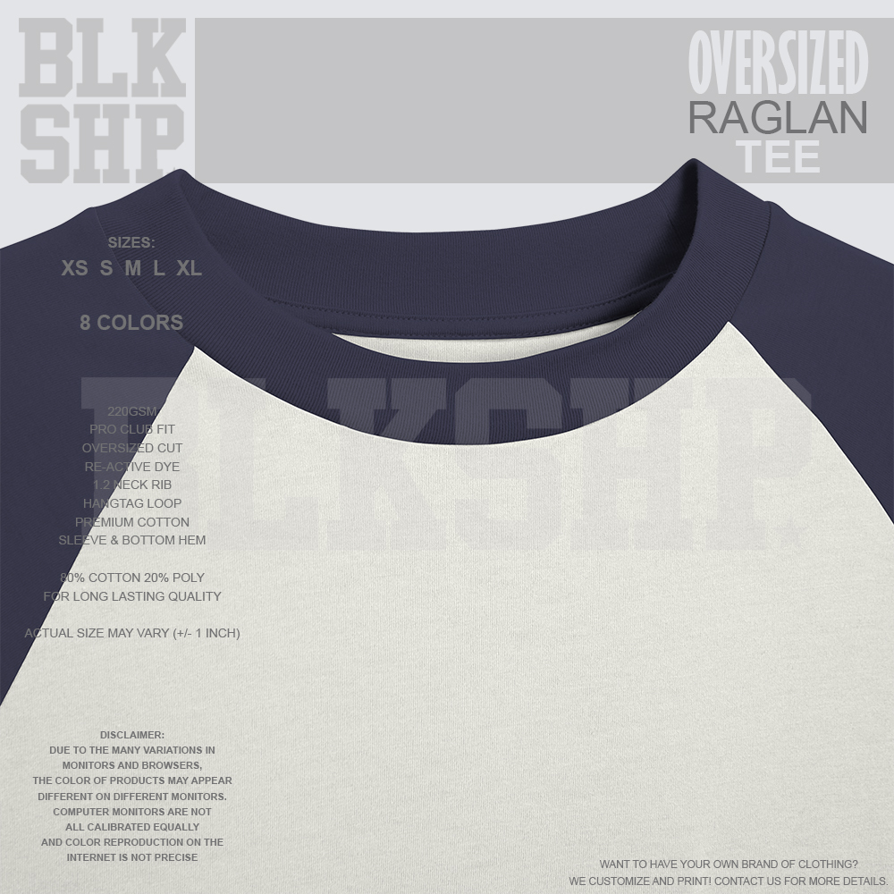 BLKSHP Premium Oversized Raglan T-shirt Vintage Tee Classic T-Shirt Cotton  8 Color Combination XS-XL