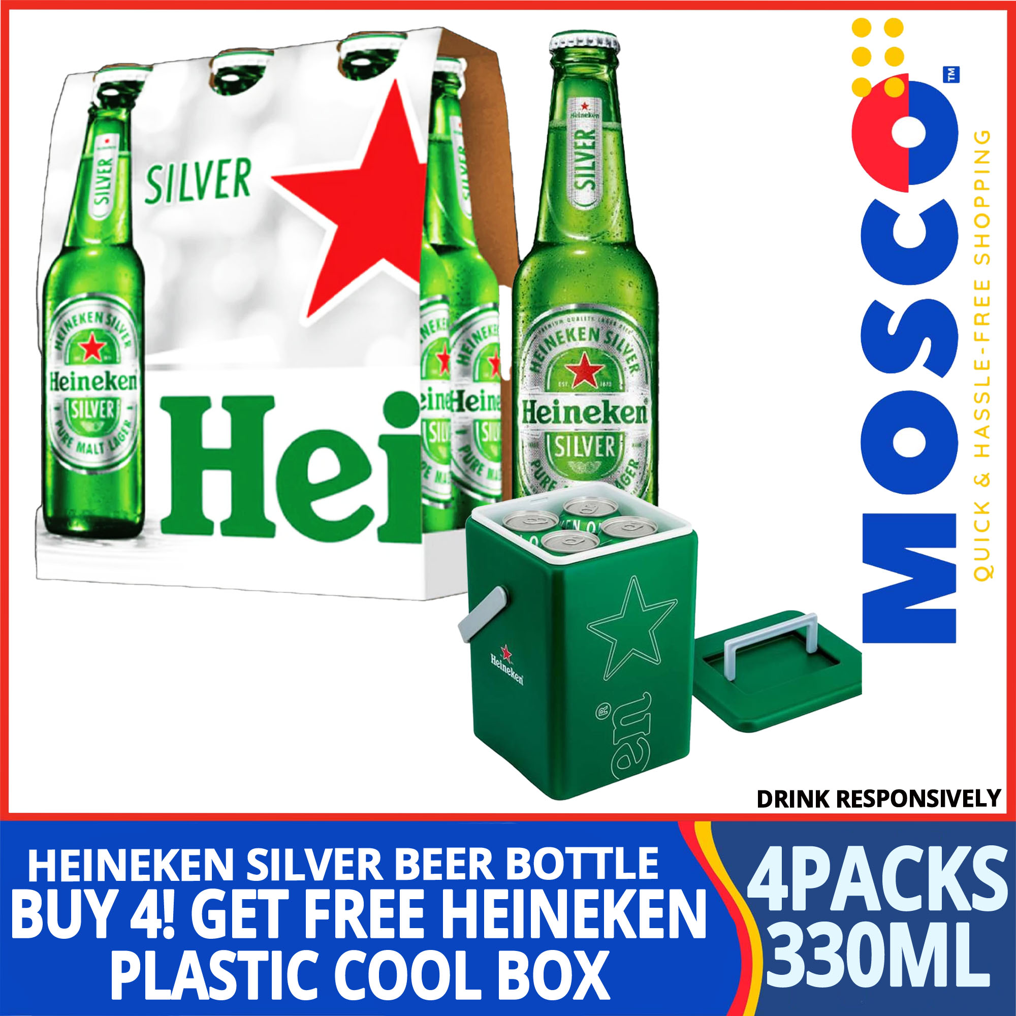 Heineken Silver 4 packs x 330ml Bottle Free Original Heineken Plastic