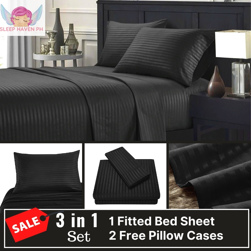 Sleep Haven PH 3 in 1 Bed Sheet Hotel Quality Premium Black Stripes(1