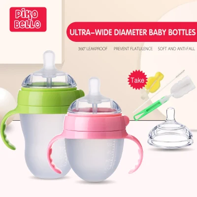 Pikobello Baby Silicone Feeding Bottle With Straw Wide Neck Pacifier Comotomo Replacement nipple 5oz 8oz (150ml/250ml)