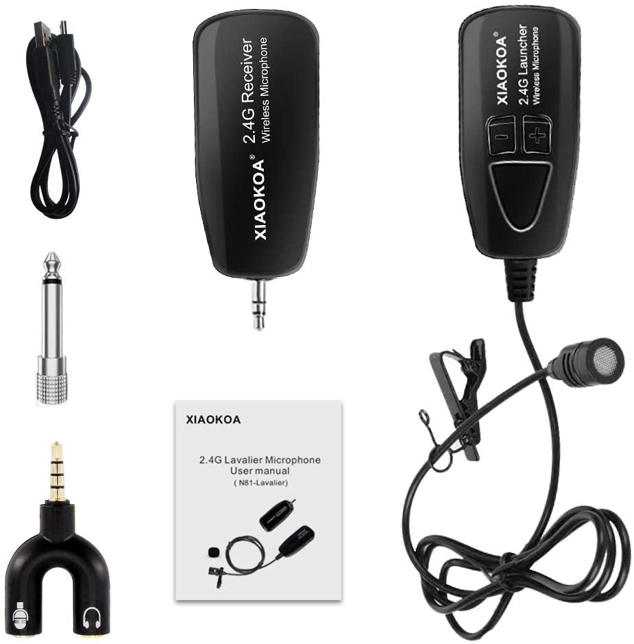 XIAOKOA Wireless Lavalier Microphone 2.4G Wireless Microphone System with Lavalier Lapel Mics Transmitter&Receiver for Conference  Speaker, Teaching, Tour Guiding, Stage Performance