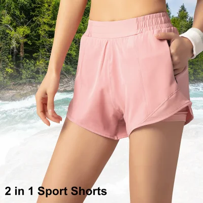 2 in 1 Women Sport Shorts Quick Dry with Zipper Pockets Splicing High Waist Fitness Gym Workout Compression Yoga Short Pants