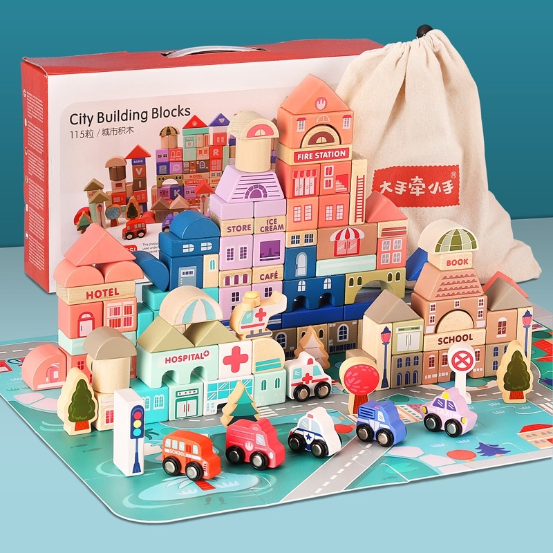 ๑ HCH Kids 115pcs Wooden Colored City Building Construction Educational ...
