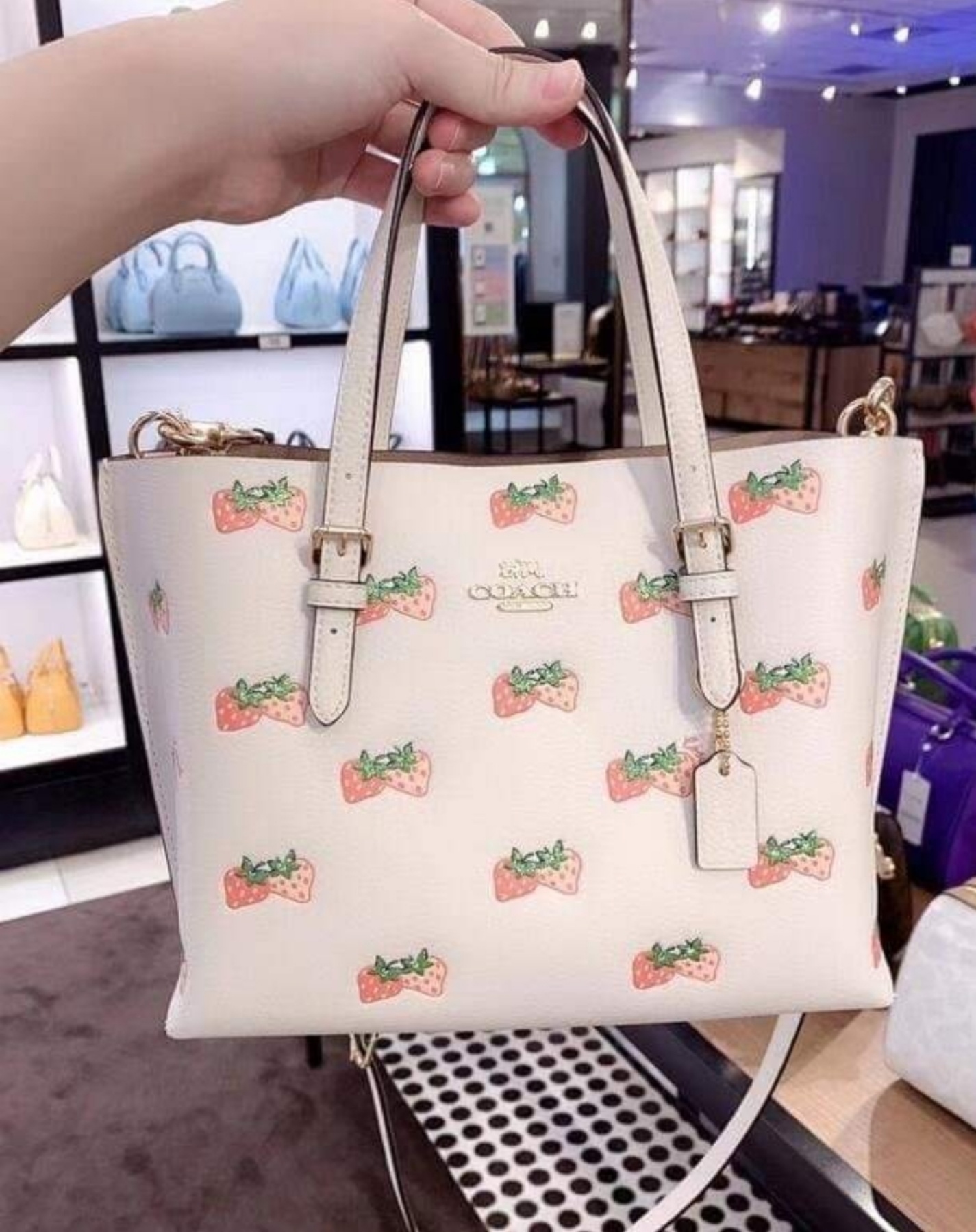 Coach CB600 Mollie Tote 25 With Strawberry Print Double face leather Chalk.  