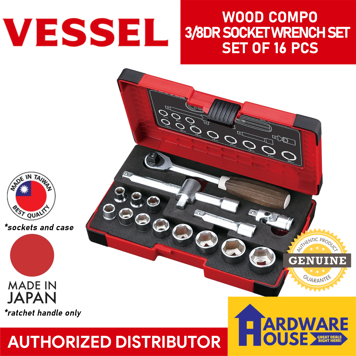 Japanese Tools Socket MADE IN TAIWAN JAPAN ORIGINAL Socket Wrench Set 3/8