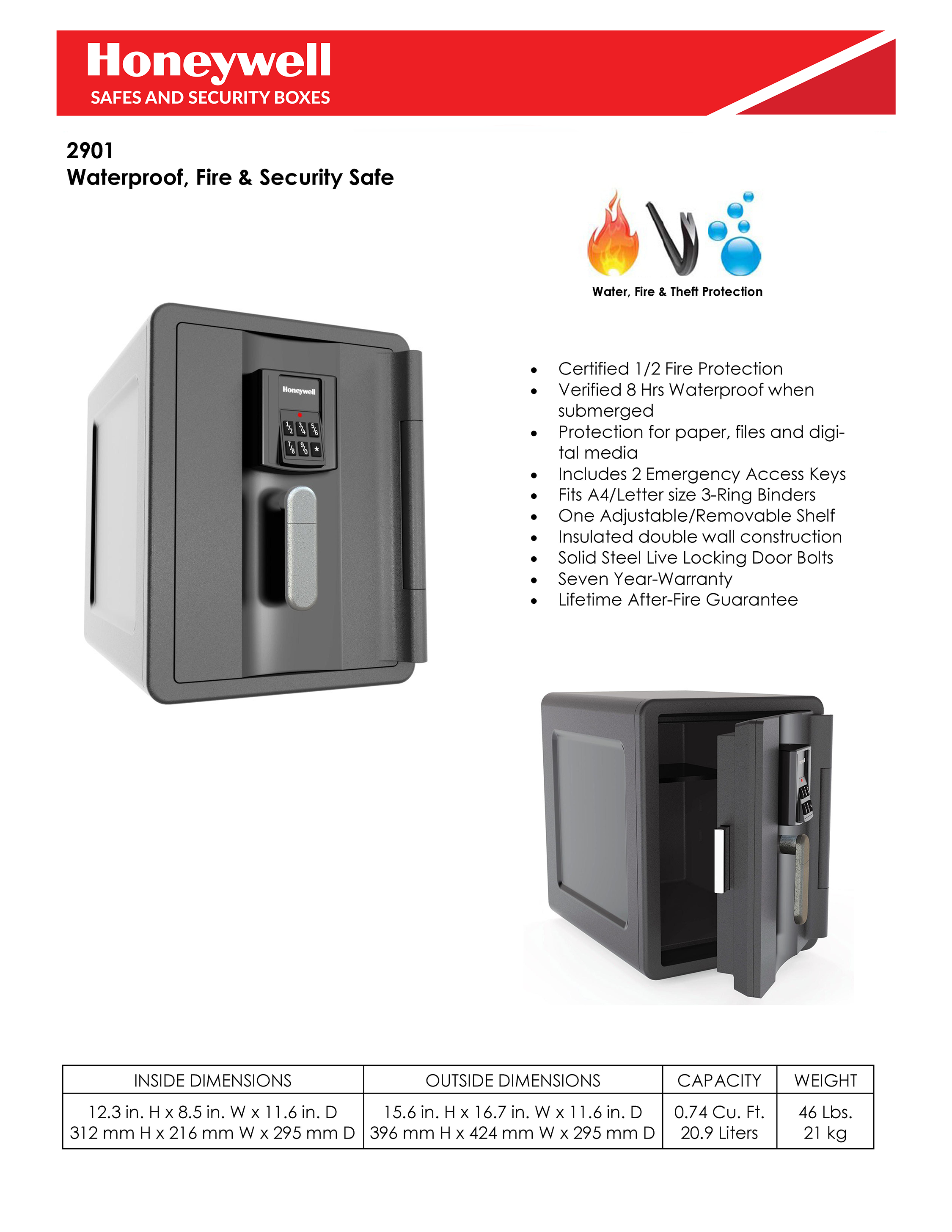 Safes Waterproof Honeywell 2901 Waterproof Fire & Security Safe