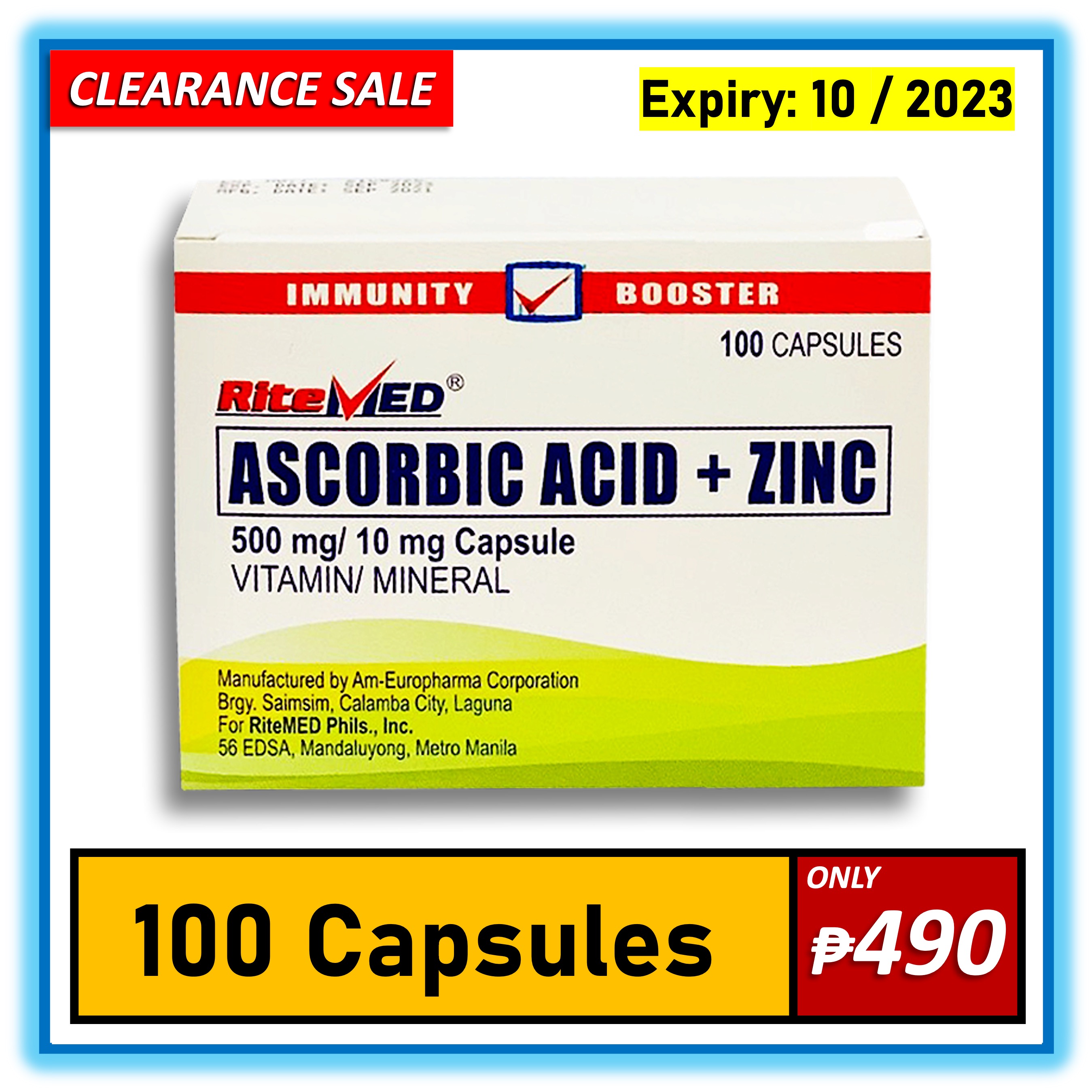 RiteMed Ascorbic acid + Zinc (100 Capsules) 500mg / 10mg Vitamin
