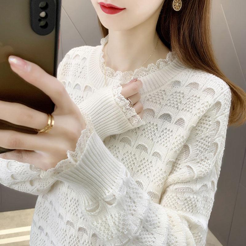 2021 Autumn Knit Bottoming Shirt Women's Lace Stitching New Loose and Thin Hollow Inner Sweater