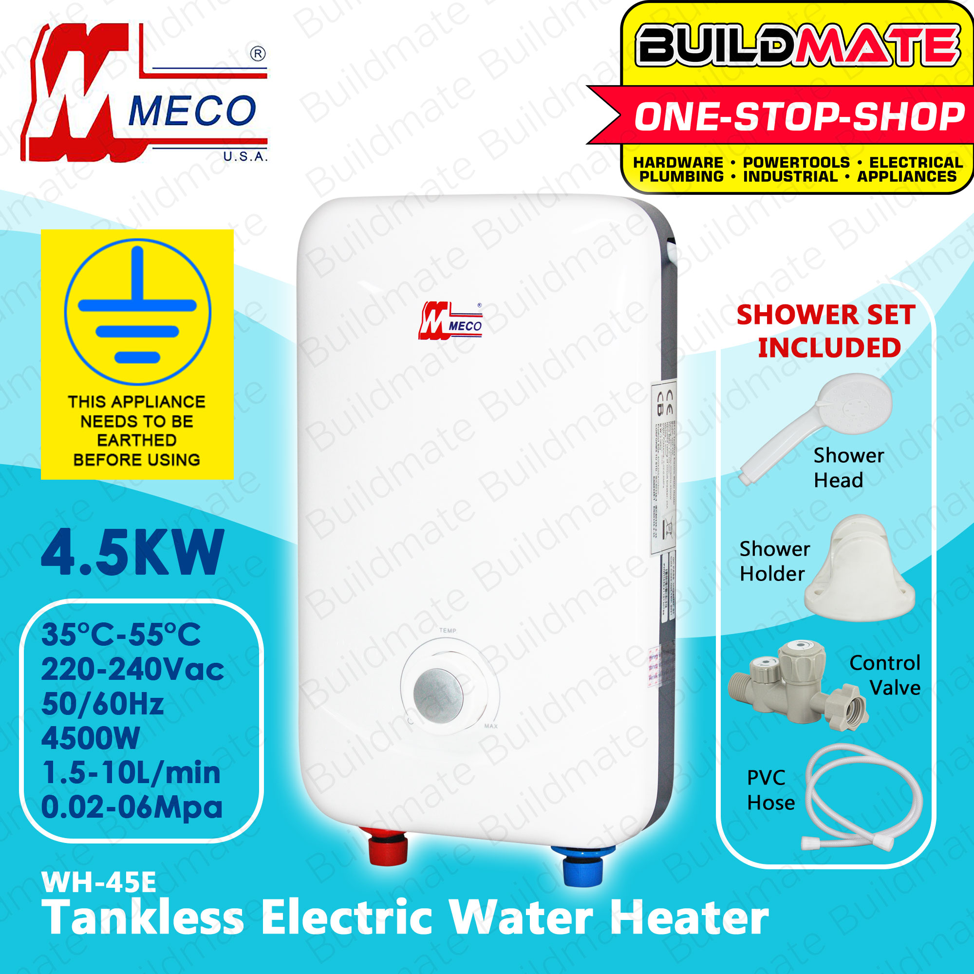MECO TAIWAN Tankless Electric Water Heater Shower Set 220V 4.5kW 60Hz