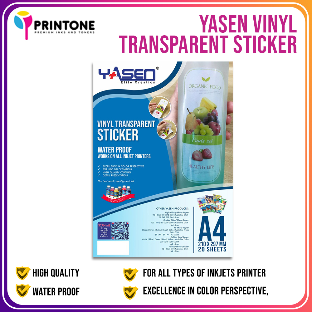 YASEN VINYL TRANSPARENT Sticker Paper A4 PET SemiClear Sticker