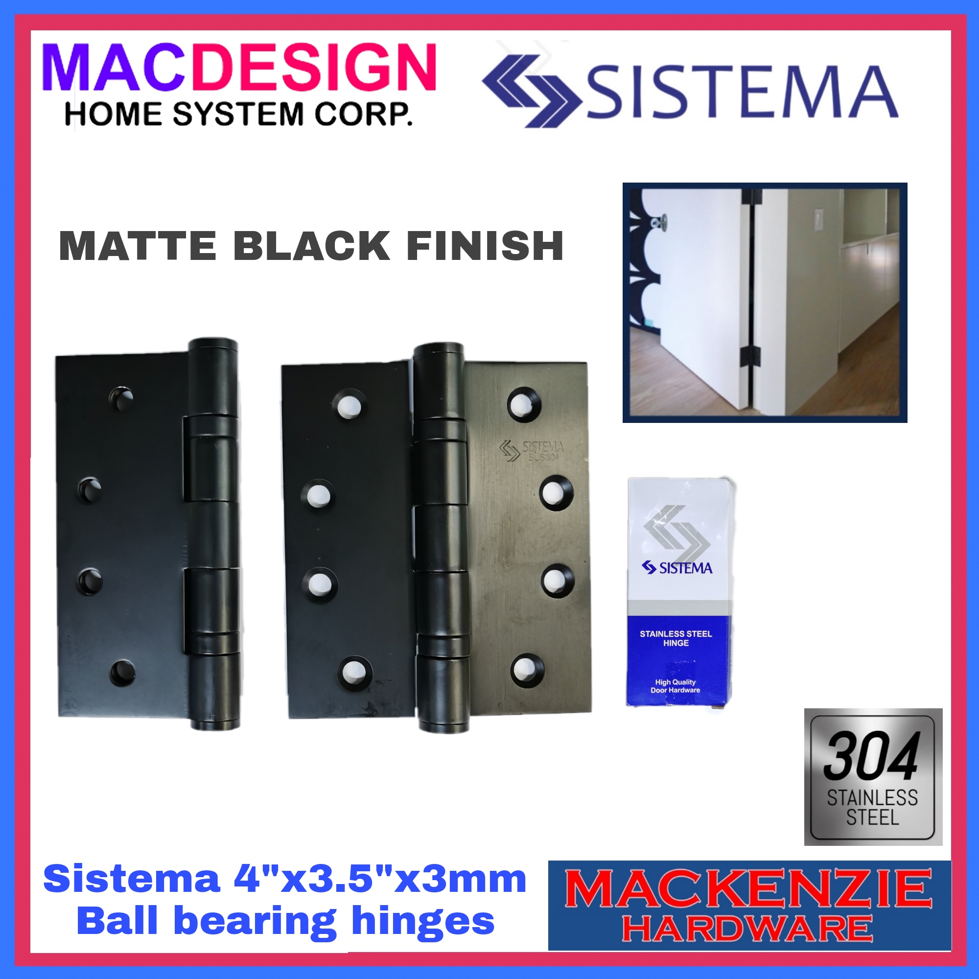 SISTEMA MATTE BLACK BALL BEARING HINGES 3.5 X 4 STAINLESS STEEL