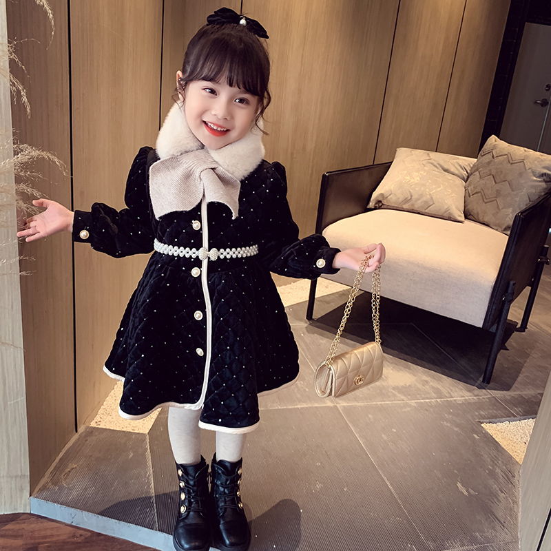 Girls Chanel Suit New Children Korean Style Winter Clothes Western Style  Rhombus Quilted Dress Girls Velvet Skirt