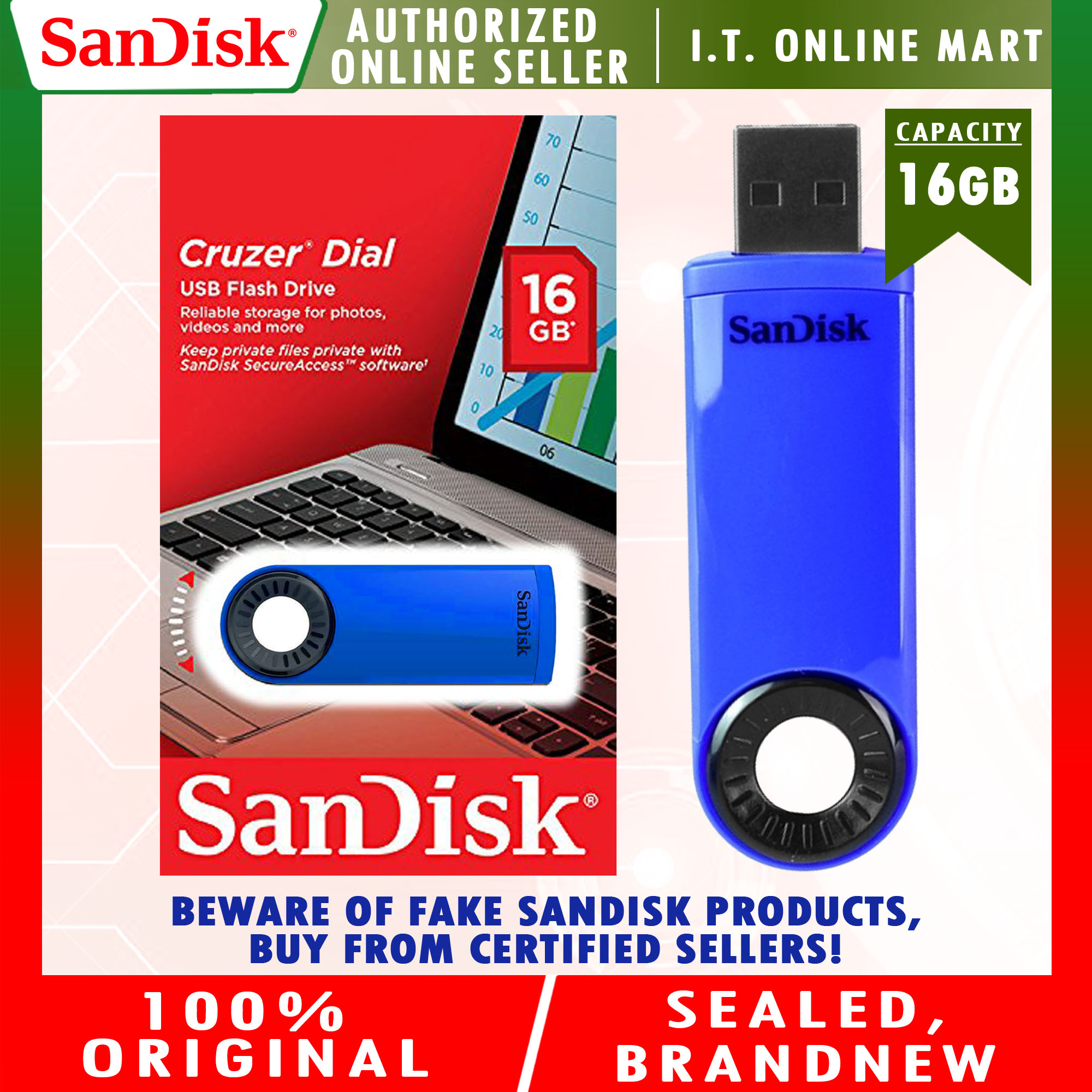 Cruzer Dial 16GB USB 2.0 Flash Drive Red OR Blue SanDisk Brand New ...