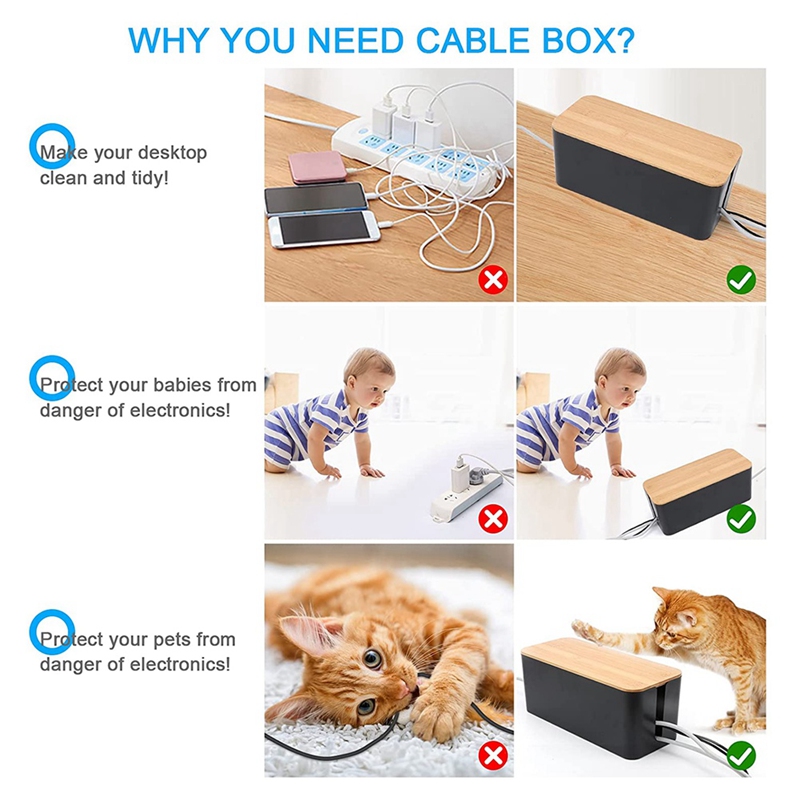 2 Pack Cable Management Box Large & Medium Bamboo Cable Cord Organizer ...