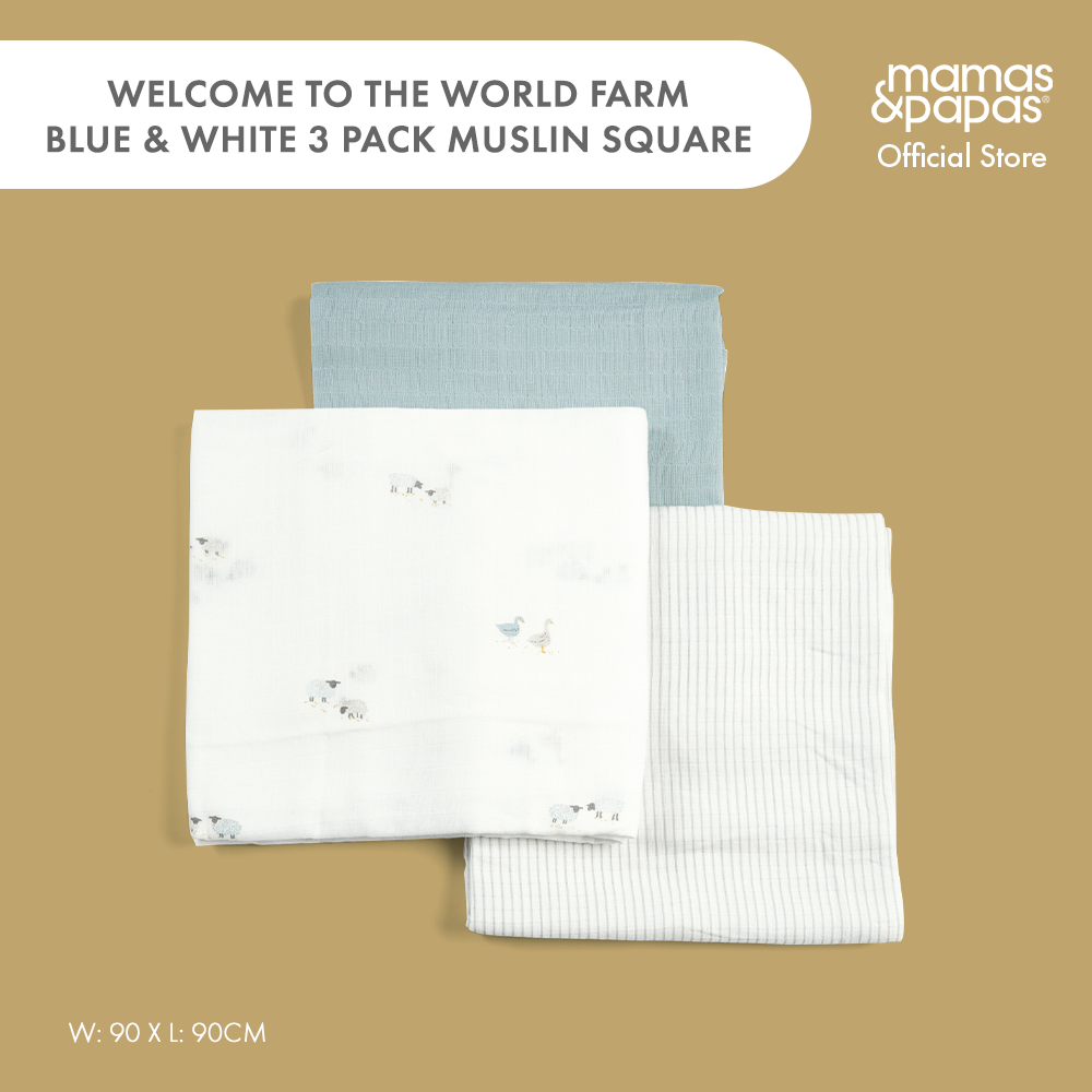Mamas and Papas 3 Pack Muslin Square to the World Farm Blue