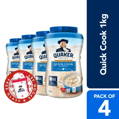 Quaker Quick Cooking Oatmeal 1kg Jar (Pack of 4 + FREE Glass & Spoon Set)