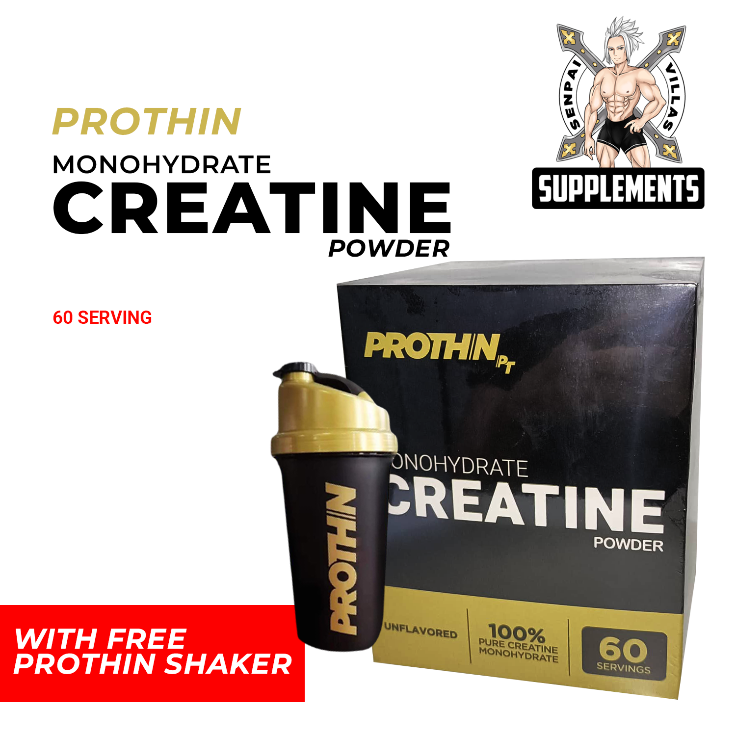 PROTHIN MONOHYDRATE CREATINE POWDER 60 SERVINGS WITH FREE PROTHIN