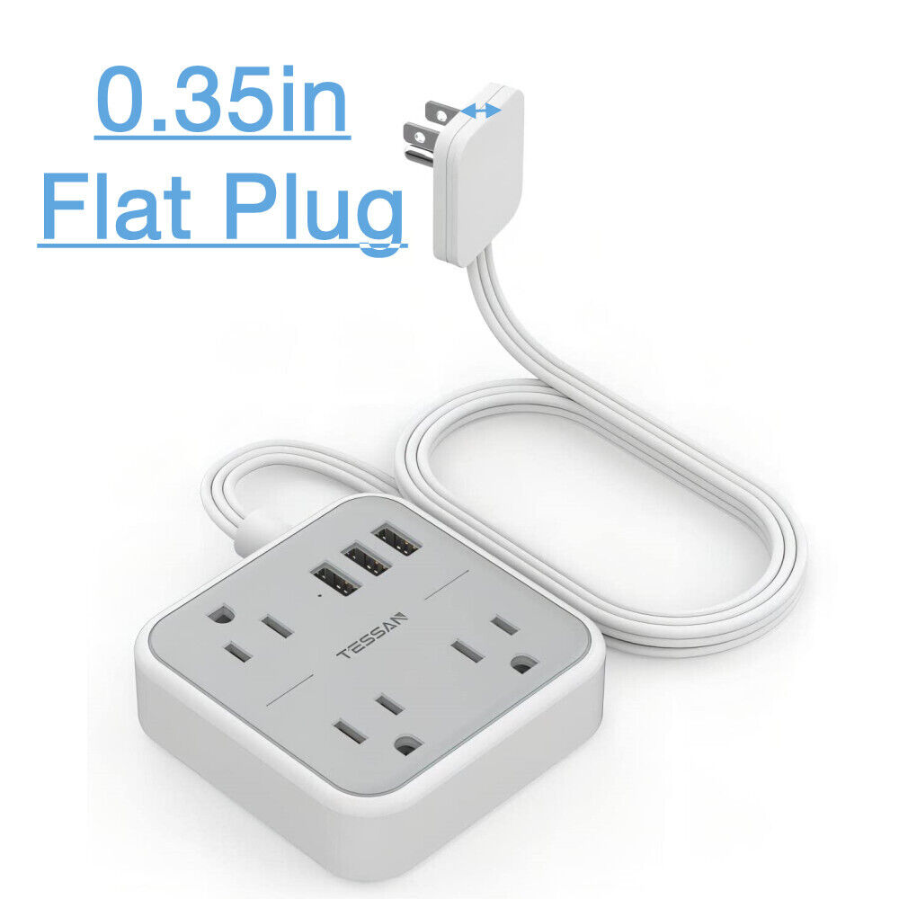 TESSAN Multi Plug Adapter Extension Cord with 3 USB Ports, Power Strip Flat Plug Extension