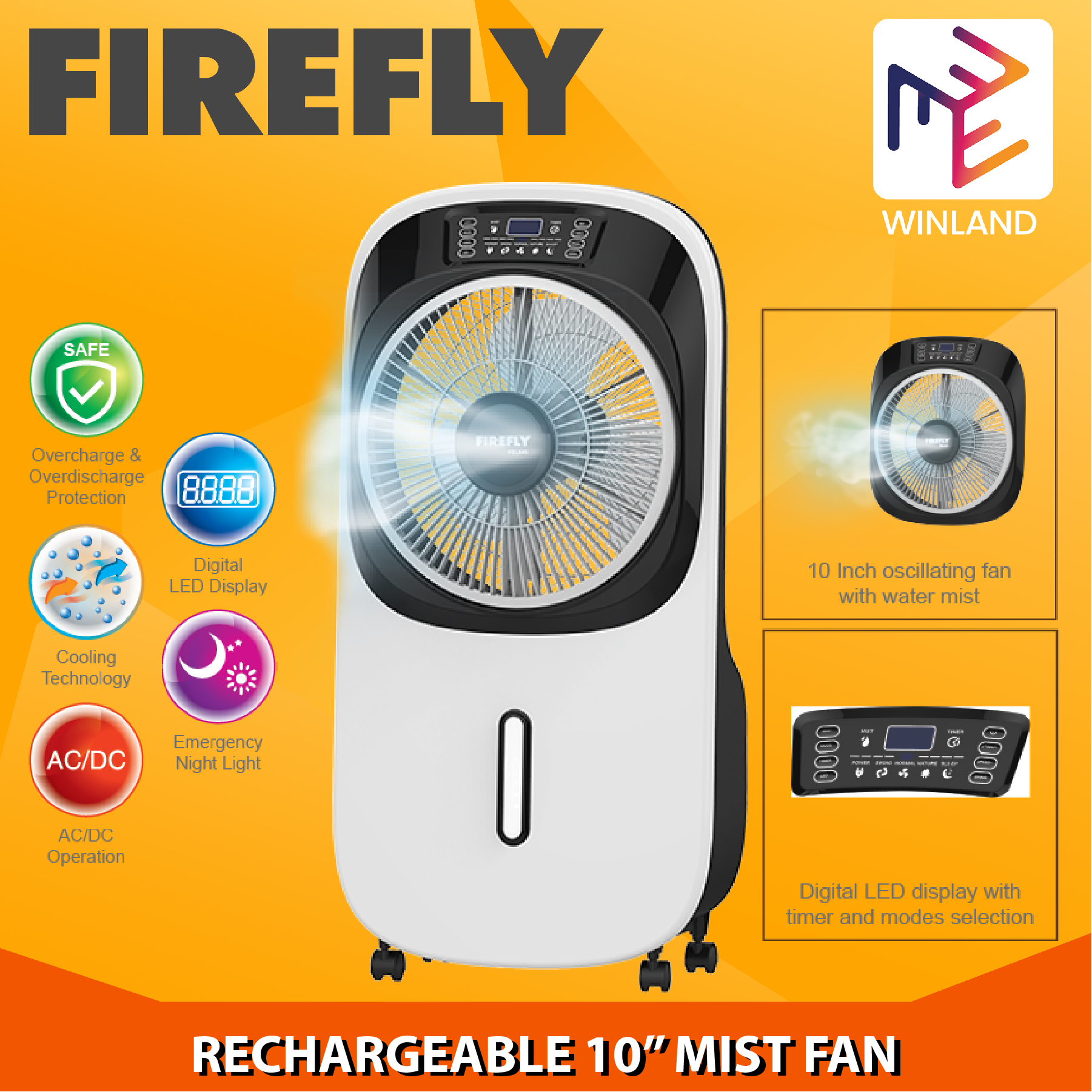 FIREFLY by Winland Rechargeable 10" inch Mist Fan with Digital LED
