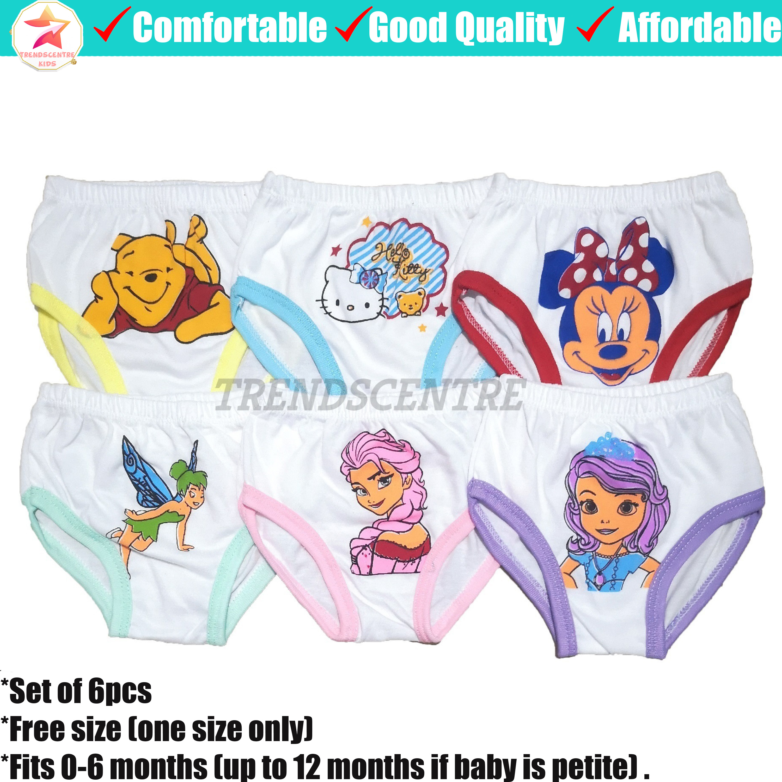 6pcs Dido Panty for Baby Girl Plain White Cotton with Cute Character
