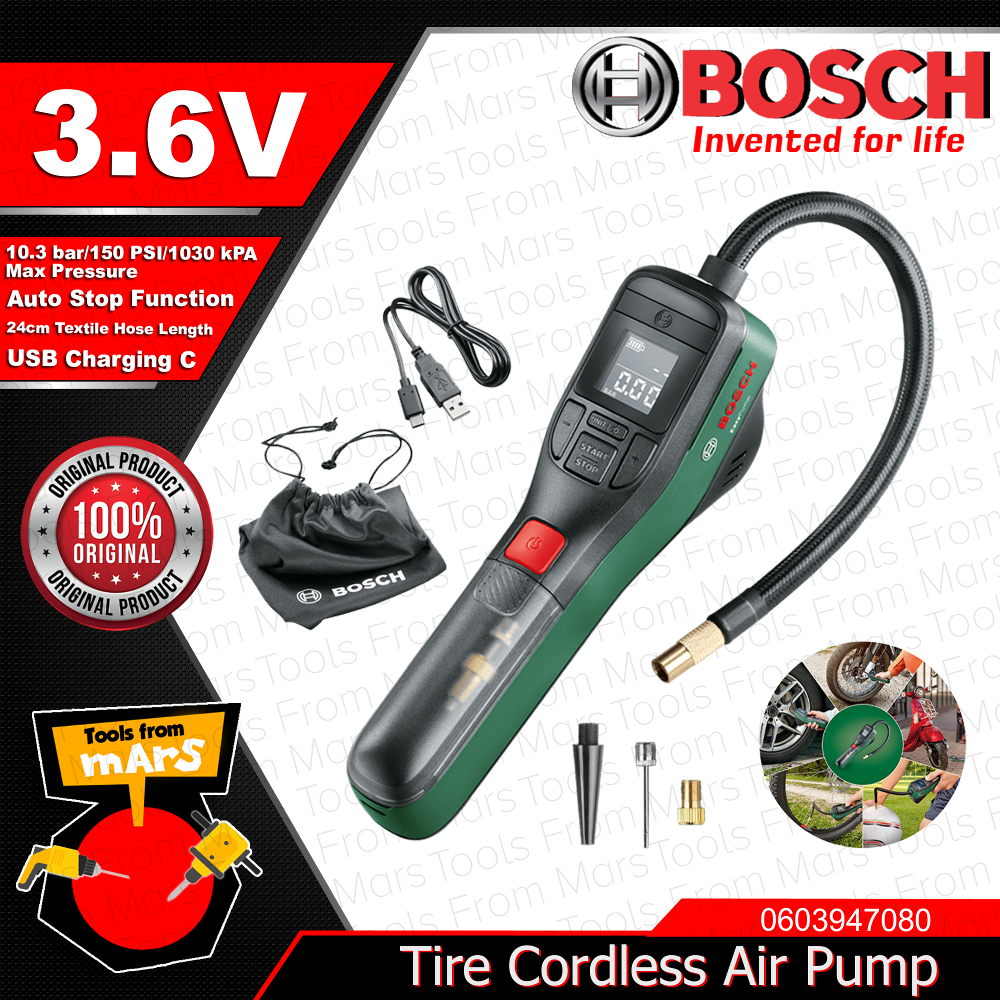 BOSCH Cordless Bike Compressed Air Pump 3.6V 3.0Ah 150PSI