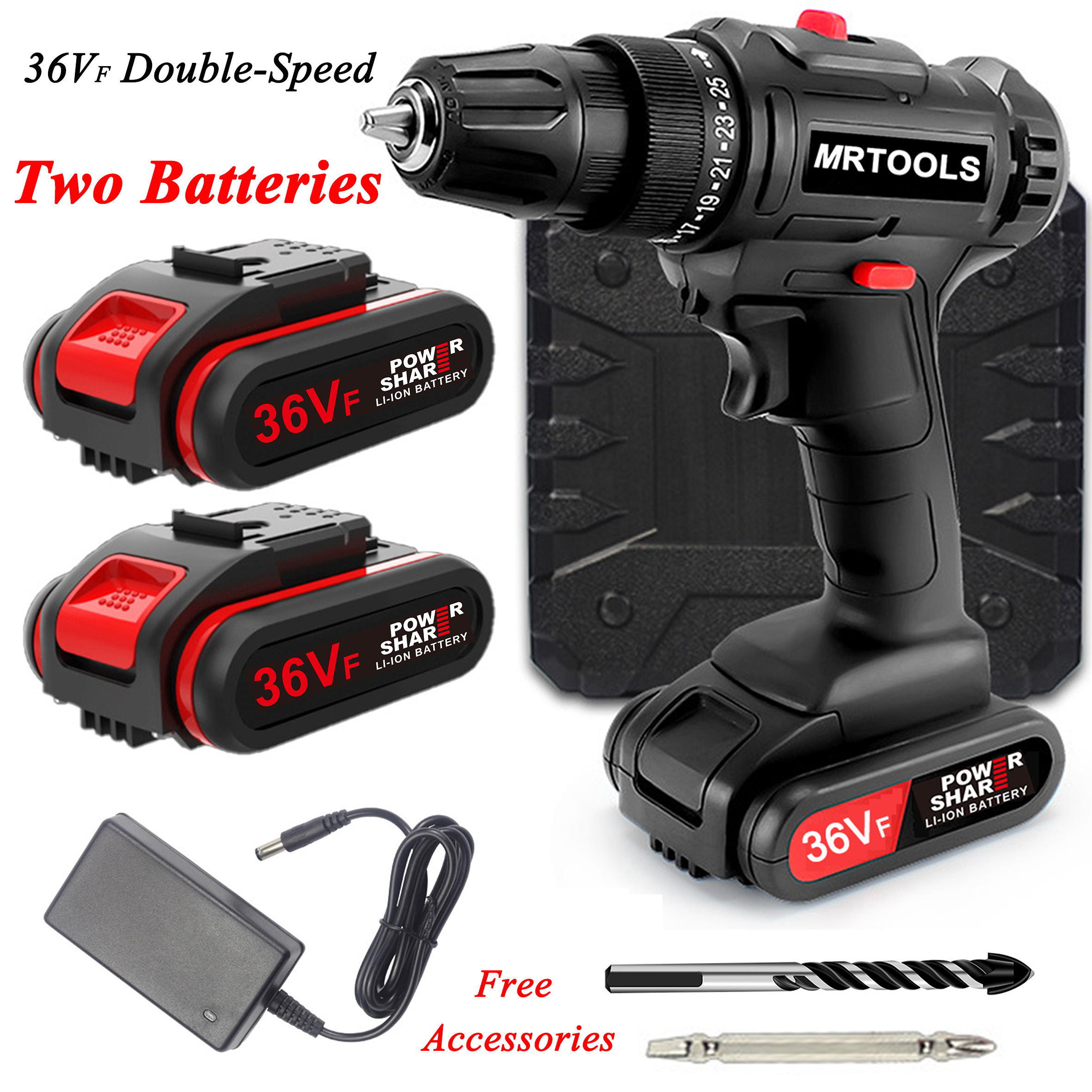 Cordless DC 36VF Lithium Electric Drills DoubleSpeed With 2 Liion