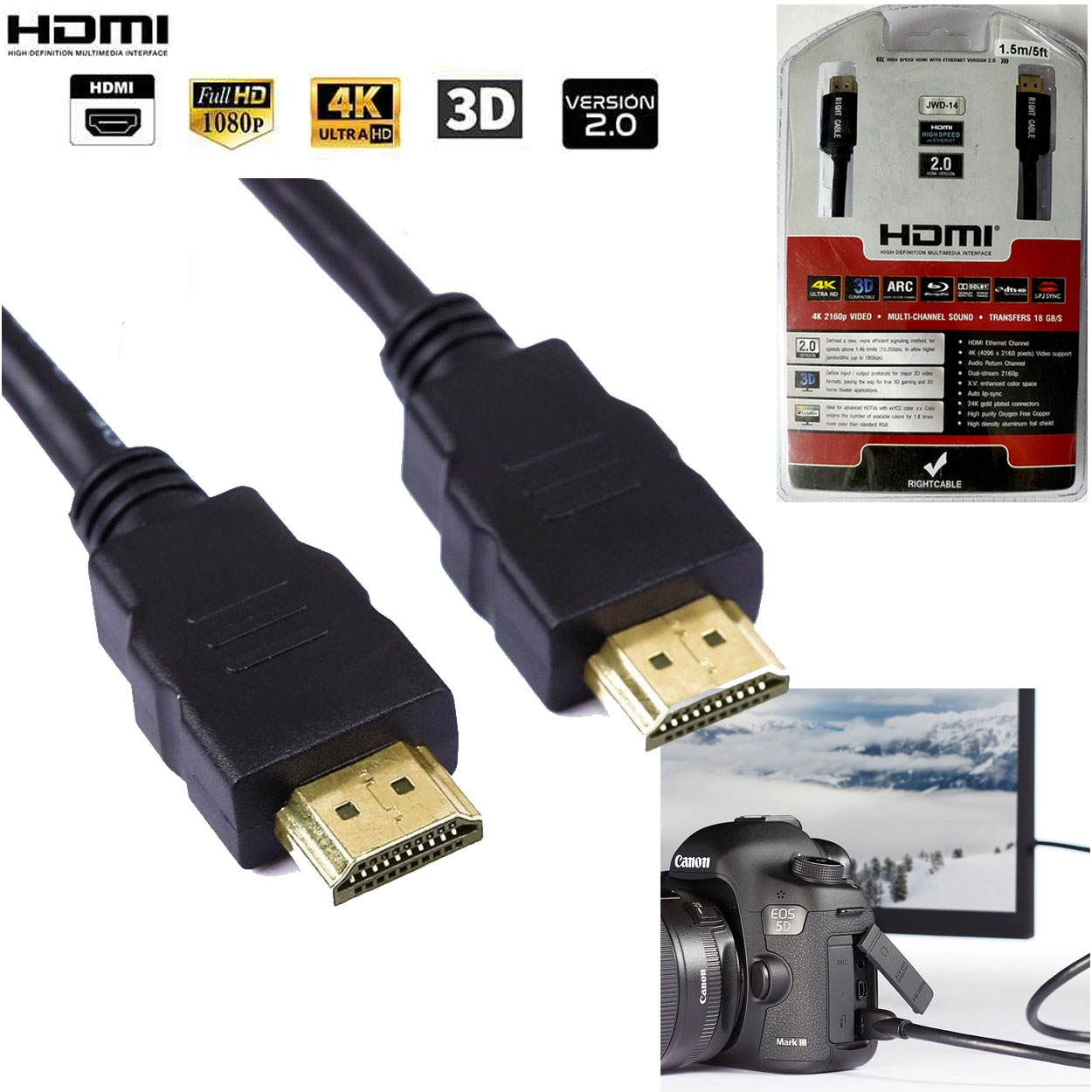 1.5M Right Cable JWD14 HDMI Cable v2.0 3D High Speed with HEC
