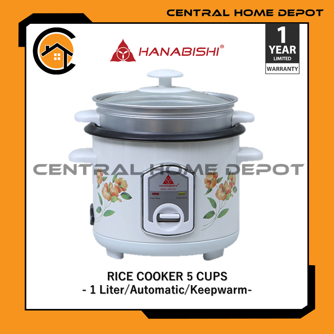 Hanabishi Automatic Rice Cooker 1 Liter (5 Cups) with Teflon Inner Pot