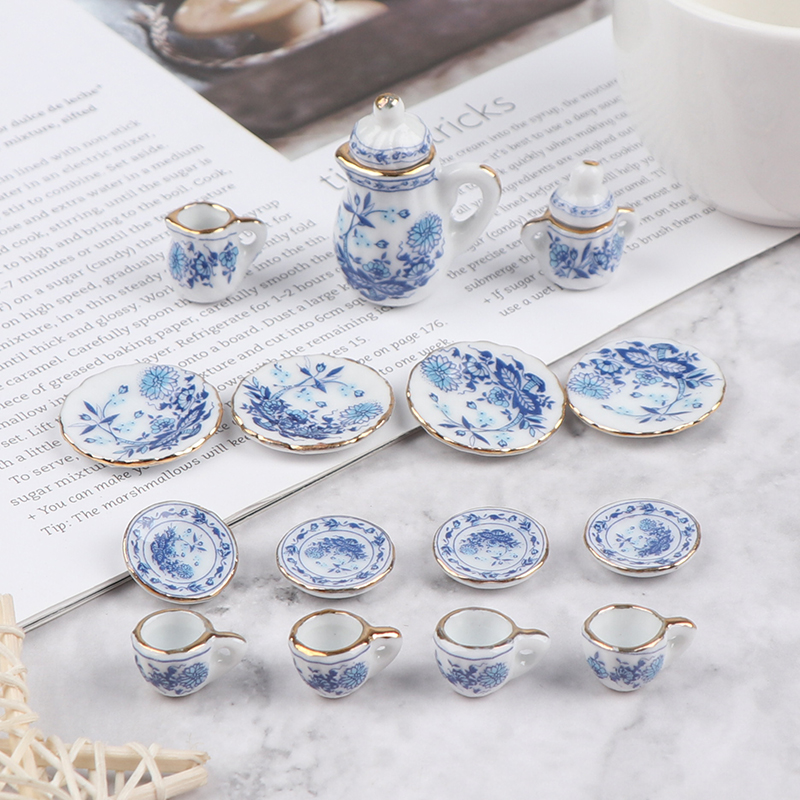 WXGRM 15Pcs 1:12 Dollhouse Miniature Tableware Porcelain Ceramic Tea Cup Set