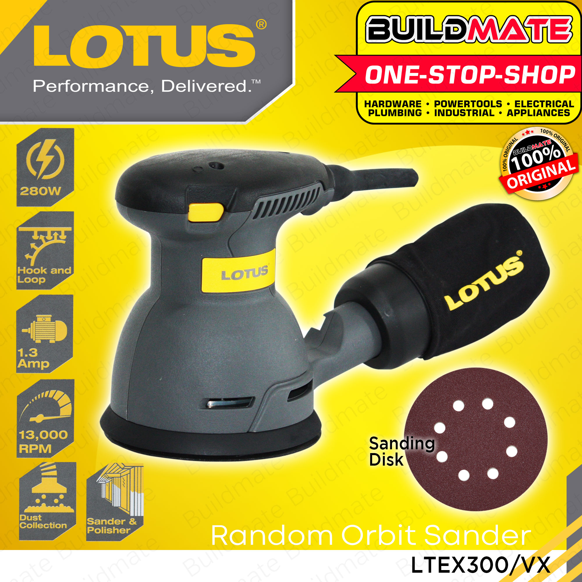 BUILDMATE Lotus Random Orbital Sander 280W Variable Speed With Dust Bag