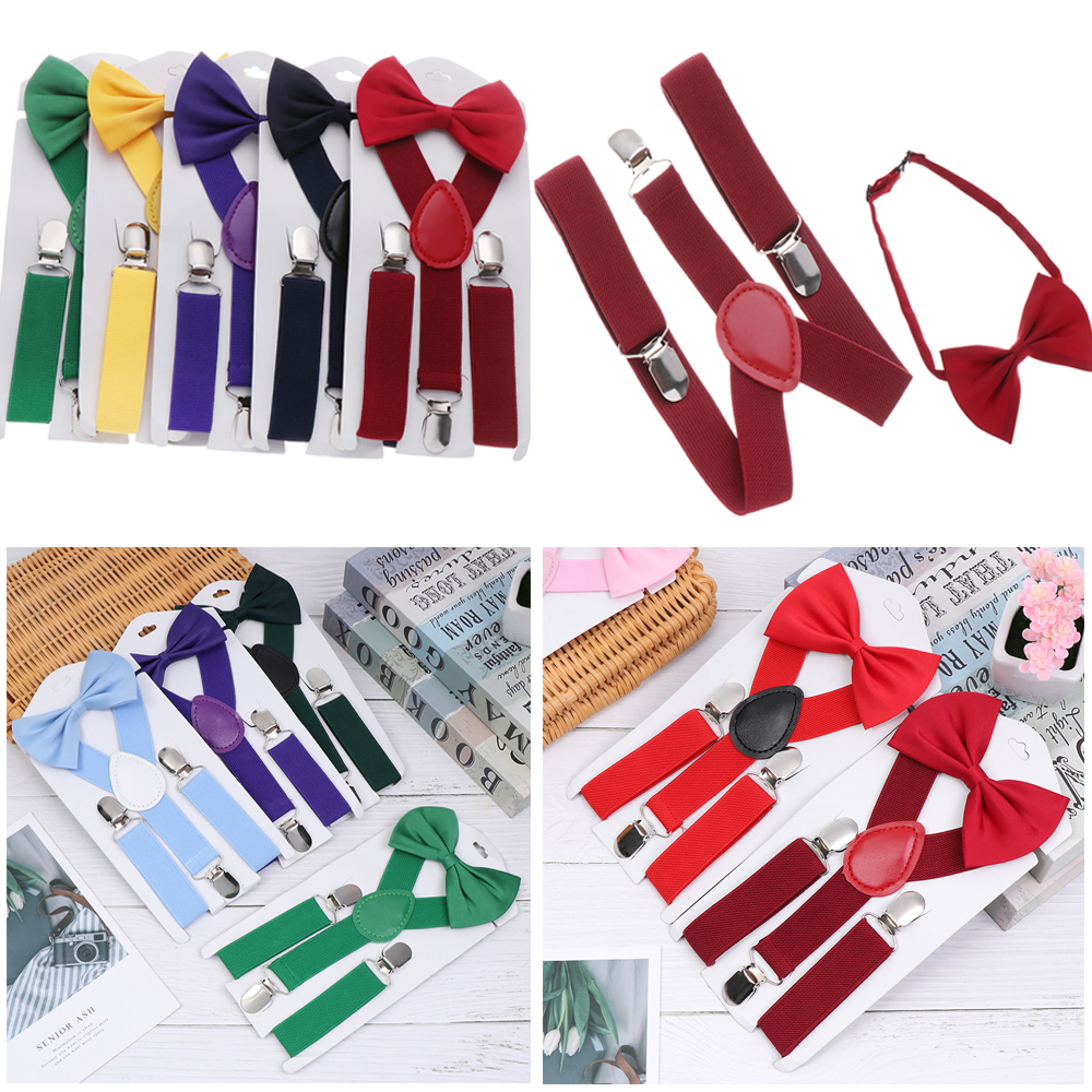 NQMODL SHOP 1set Gifts New Fashion Solid Color Clip-on Adjustable Hair Bow Set Children Wedding Dress Elastic Braces Kids Suspenders Cow Tie Belts Printed Bow Tie