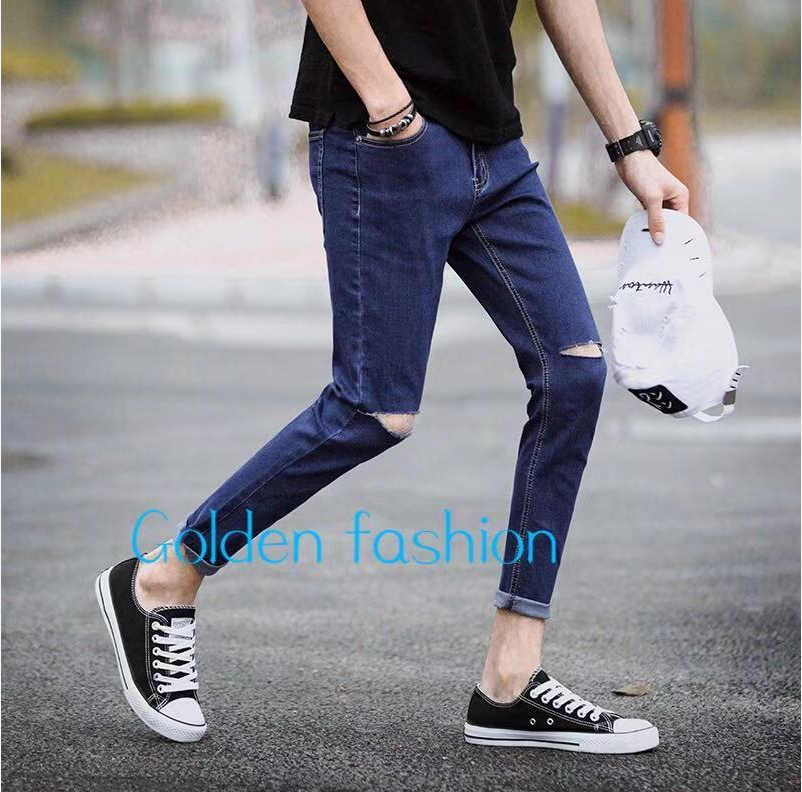 korean style men's maong dark blue knee cut stretch skinny jeans pants ,cod  size 28-29-30-31-32-33-34-36 golden fashion | Lazada PH