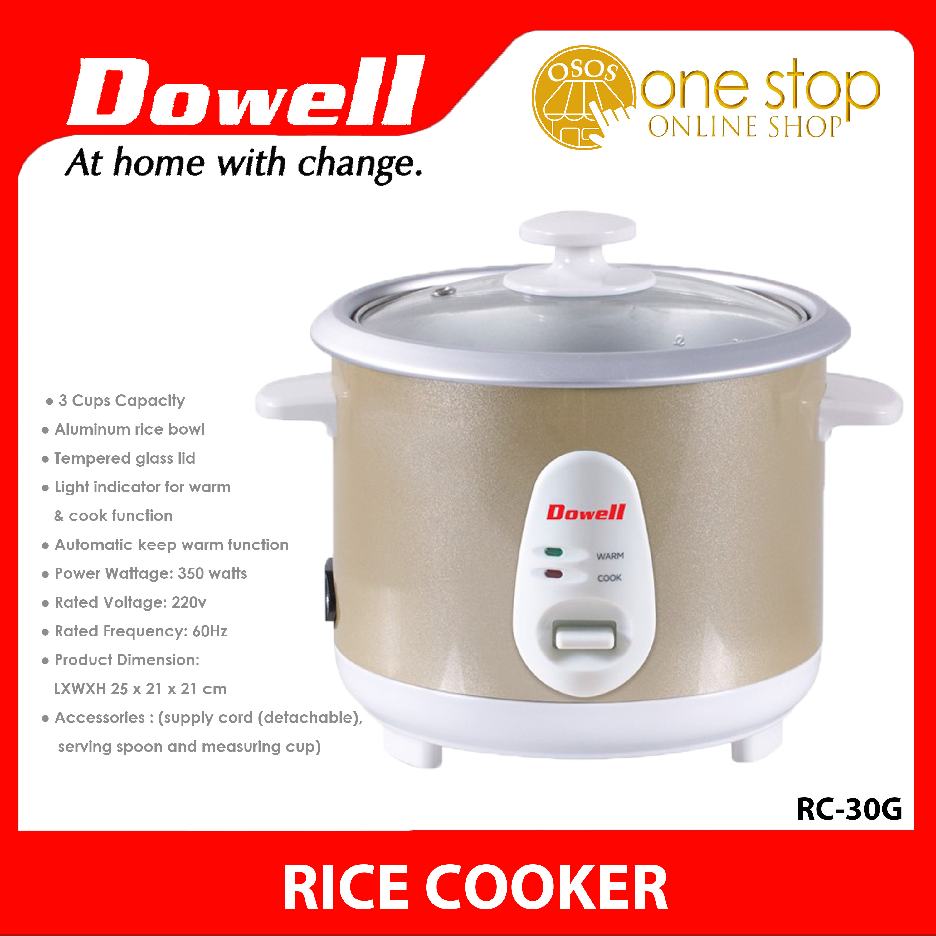 Dowell Original 3 cups Rice Cooker with Aluminum Rice Bowl RC30G •OSOS